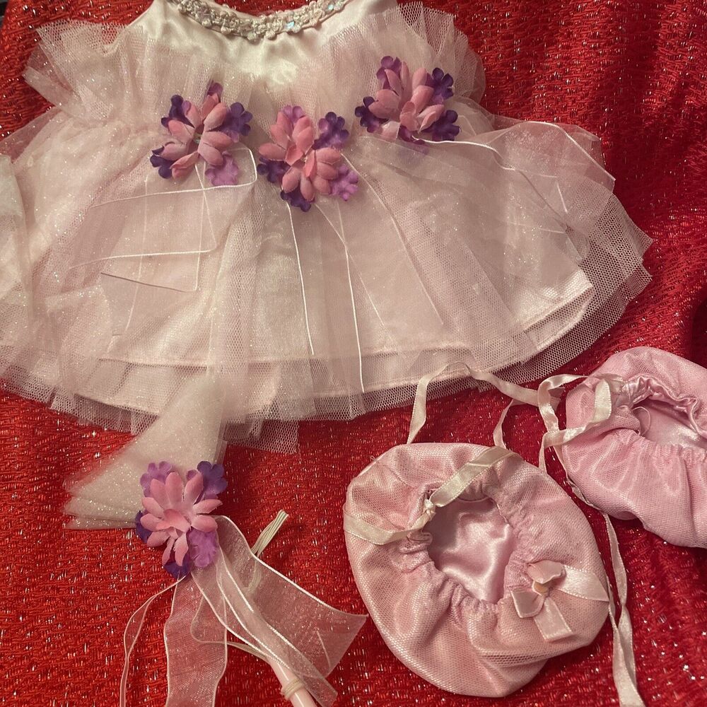 Build a Bear Pink White Flower Girl Dress Wand Shoes